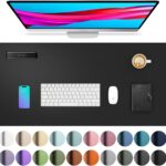 Aothia black faux leather desk pad, rectangular, shown with a laptop, mouse, and keyboard on a desk.