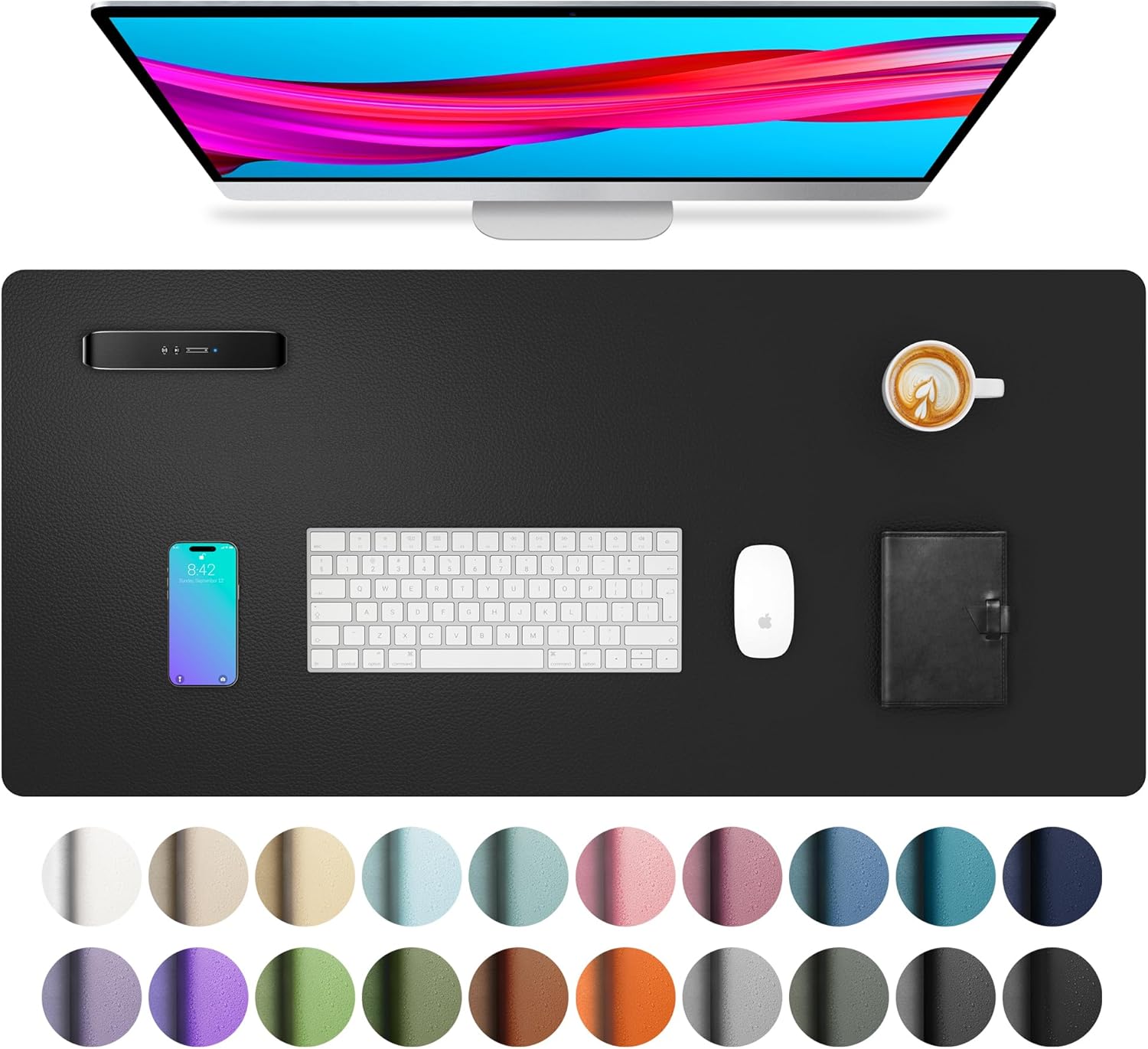 aothia-non-slip-waterproof-pu-leather-desk-pad-protector-23-6-x-13-7-black-01 Aothia black faux leather desk pad, rectangular, shown with a laptop, mouse, and keyboard on a desk.
