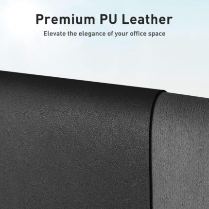 Aothia black faux leather desk pad, rectangular, shown with a laptop, mouse, and keyboard on a desk.