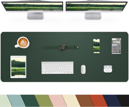 Large dark green faux leather desk mat by CEBOWA, rectangular, protecting a desk surface with a laptop and mouse on it.