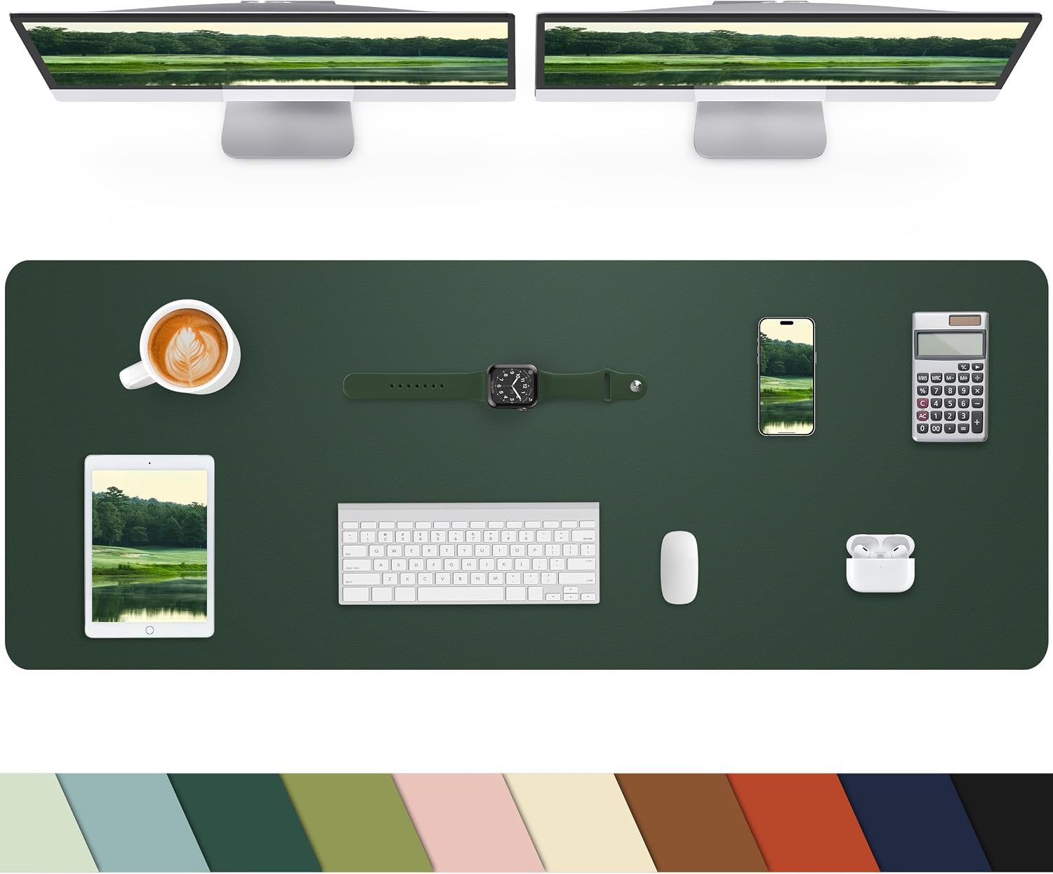 cebowa-large-dark-green-faux-leather-desk-mat-55-x-24-desk-pad-protector-01 Large dark green faux leather desk mat by CEBOWA, rectangular, protecting a desk surface with a laptop and mouse on it.