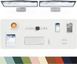 Large dark green faux leather desk mat by CEBOWA, rectangular, protecting a desk surface with a laptop and mouse on it.