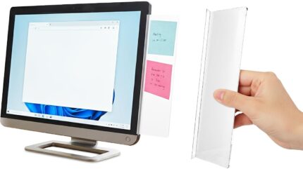 Two semi-transparent Clip Strip computer monitor memo boards attached to the sides of a desktop monitor, holding sticky notes
