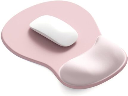 Pink oval mouse pad with an integrated gel wrist rest, designed for ergonomic support and smooth mouse movement.