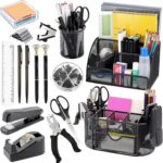 A black Froidesente 17-in-1 desk organizer set, featuring three mesh organizers filled with office supplies like pens, staple