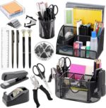 A black Froidesente 17-in-1 desk organizer set, featuring three mesh organizers filled with office supplies like pens, staple