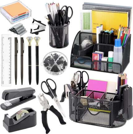 A black Froidesente 17-in-1 desk organizer set, featuring three mesh organizers filled with office supplies like pens, staple