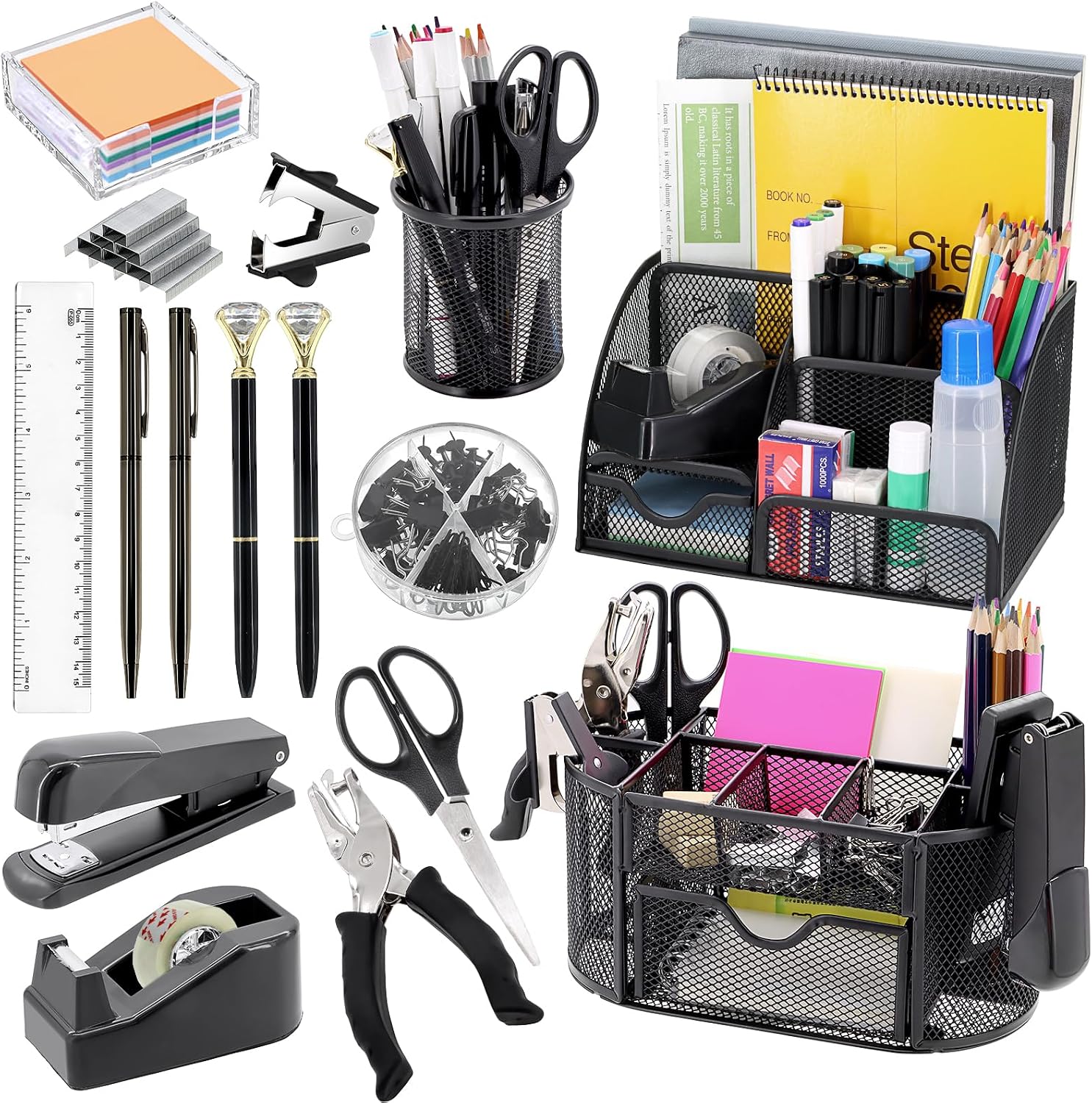 froidesente-17-in-1-black-office-desk-organizer-set-with-supplies-01 A black Froidesente 17-in-1 desk organizer set, featuring three mesh organizers filled with office supplies like pens, staple