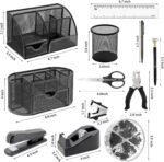 A black Froidesente 17-in-1 desk organizer set, featuring three mesh organizers filled with office supplies like pens, staple
