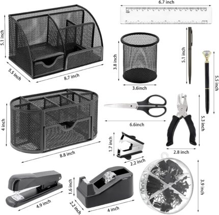 A black Froidesente 17-in-1 desk organizer set, featuring three mesh organizers filled with office supplies like pens, staple