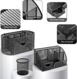 A black Froidesente 17-in-1 desk organizer set, featuring three mesh organizers filled with office supplies like pens, staple