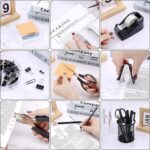 A black Froidesente 17-in-1 desk organizer set, featuring three mesh organizers filled with office supplies like pens, staple