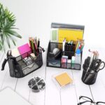 A black Froidesente 17-in-1 desk organizer set, featuring three mesh organizers filled with office supplies like pens, staple
