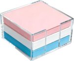 Clear acrylic square holder for 3x3 inch sticky notes, empty and showing its transparent design on a clean desk.