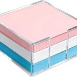 Clear acrylic square holder for 3x3 inch sticky notes, empty and showing its transparent design on a clean desk.