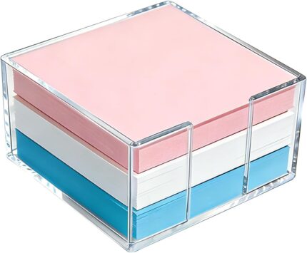 Clear acrylic square holder for 3x3 inch sticky notes, empty and showing its transparent design on a clean desk.