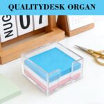 Clear acrylic square holder for 3x3 inch sticky notes, empty and showing its transparent design on a clean desk.