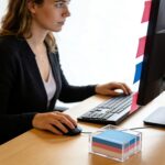 Clear acrylic square holder for 3x3 inch sticky notes, empty and showing its transparent design on a clean desk.