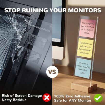 Two freestanding monitor memo boards, clear acrylic on white wood bases, positioned next to a computer screen.