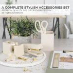 A complete 10-piece KIBAGA desk organizer set in beige and gold, including a stapler, scissors, pen holder, and tape dispense