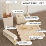 A complete 10-piece KIBAGA desk organizer set in beige and gold, including a stapler, scissors, pen holder, and tape dispense