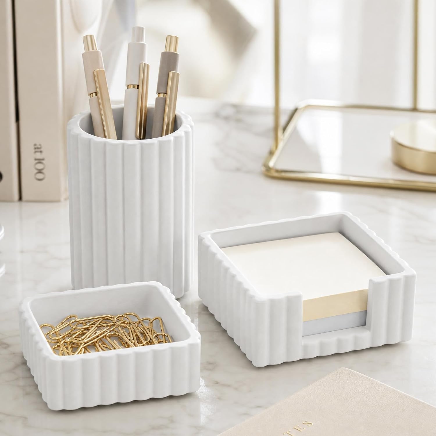 kibaga-modern-concrete-desk-organizer-set-3-piece-gray-office-supply-holders-01 A set of three gray concrete desk organizers, including a pen holder, a notes holder, and a small dish for clips, arranged on