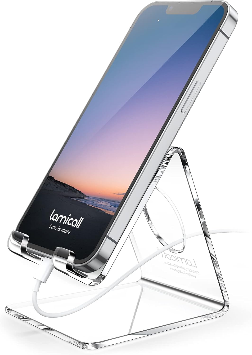 lamicall-clear-acrylic-cell-phone-stand-for-desk-4-8-inch-smartphones-01 A clear acrylic cell phone stand holding a smartphone on a desk, showcasing its transparent design and cable management.