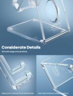 A clear acrylic cell phone stand holding a smartphone on a desk, showcasing its transparent design and cable management.