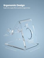 A clear acrylic cell phone stand holding a smartphone on a desk, showcasing its transparent design and cable management.