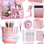 A complete 21-piece LXEVIHK pink desk accessory and office supply gift set, neatly arranged on a desk.