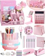 A complete 21-piece LXEVIHK pink desk accessory and office supply gift set, neatly arranged on a desk.