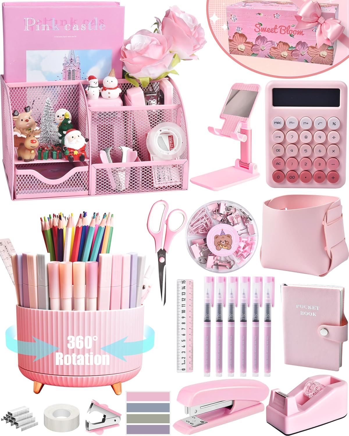 lxevihk-pink-desk-accessories-21-piece-office-supplies-gift-set-01 A complete 21-piece LXEVIHK pink desk accessory and office supply gift set, neatly arranged on a desk.