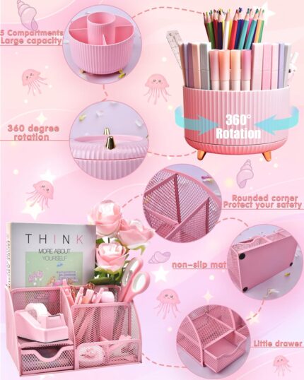 A complete 21-piece LXEVIHK pink desk accessory and office supply gift set, neatly arranged on a desk.