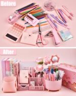 A complete 21-piece LXEVIHK pink desk accessory and office supply gift set, neatly arranged on a desk.