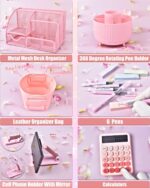 A complete 21-piece LXEVIHK pink desk accessory and office supply gift set, neatly arranged on a desk.