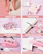 A complete 21-piece LXEVIHK pink desk accessory and office supply gift set, neatly arranged on a desk.