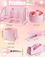 A complete 21-piece LXEVIHK pink desk accessory and office supply gift set, neatly arranged on a desk.