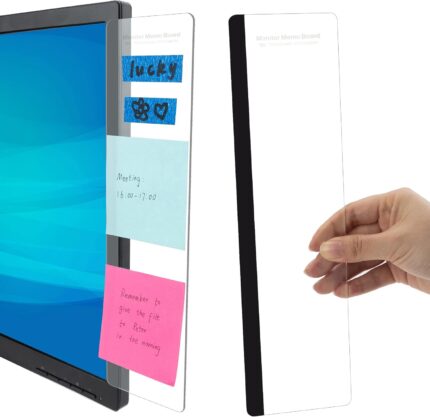 Two clear acrylic MDOZQ monitor memo boards, one on each side of a computer screen, holding yellow sticky notes.
