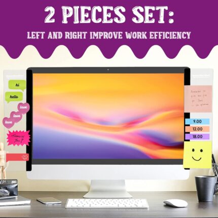 Two clear acrylic MDOZQ monitor memo boards, one on each side of a computer screen, holding yellow sticky notes.