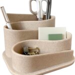 Beige OAKOA aesthetic desk organizer with four compartments, holding pens and small office supplies on a clean desk.