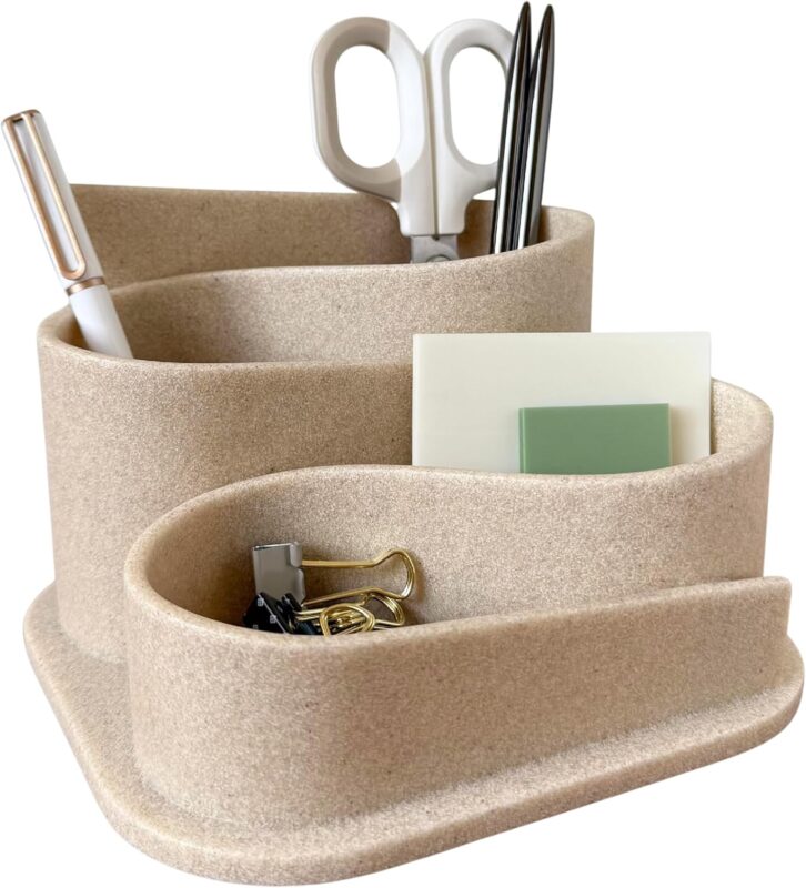 Beige OAKOA aesthetic desk organizer with four compartments, holding pens and small office supplies on a clean desk.