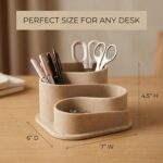 Beige OAKOA aesthetic desk organizer with four compartments, holding pens and small office supplies on a clean desk.