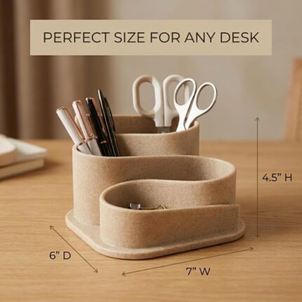 Beige OAKOA aesthetic desk organizer with four compartments, holding pens and small office supplies on a clean desk.