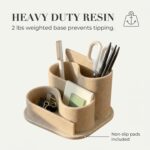 Beige OAKOA aesthetic desk organizer with four compartments, holding pens and small office supplies on a clean desk.