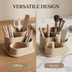 Beige OAKOA aesthetic desk organizer with four compartments, holding pens and small office supplies on a clean desk.
