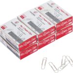 A close-up view of a stack of silver PAPERPAL #1 nonskid paper clips, some loose and some in their clear plastic box.
