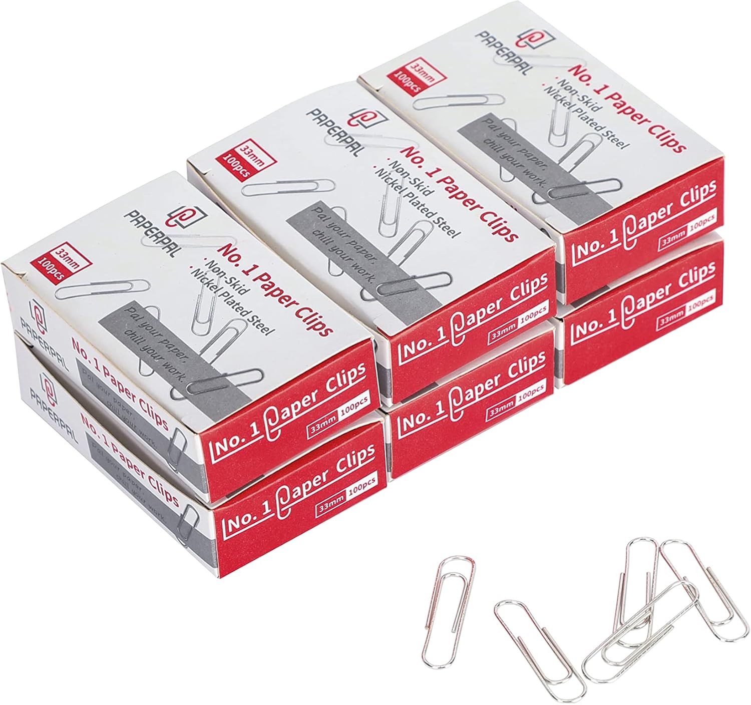 paperpal-1-nonskid-silver-paper-clips-600-count-medium-clips-6-boxes-of-100-01 A close-up view of a stack of silver PAPERPAL #1 nonskid paper clips, some loose and some in their clear plastic box.