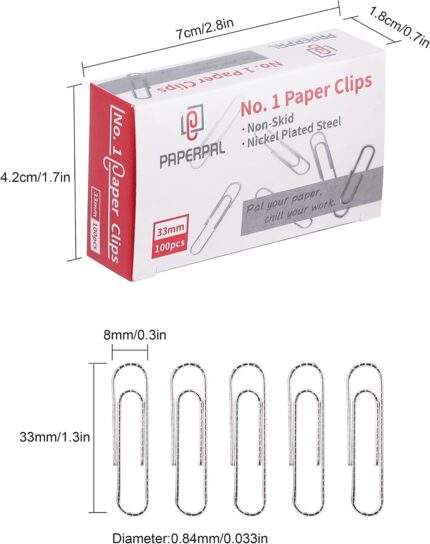 A close-up view of a stack of silver PAPERPAL #1 nonskid paper clips, some loose and some in their clear plastic box.