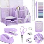 A complete Scindaly 12-piece purple desk organizer and accessories set, neatly arranged on a white surface.