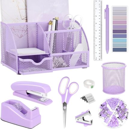 A complete Scindaly 12-piece purple desk organizer and accessories set, neatly arranged on a white surface.